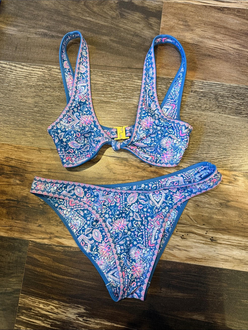 Kulani Kinis Blue Pink Paisley Bikini Set XS Top Small Bottom